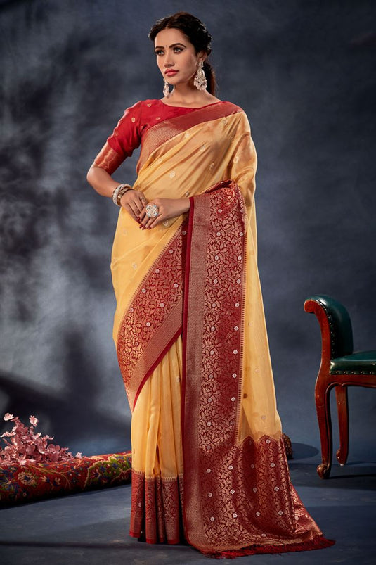 Majestic Yellow Color Banarasi Organza Silk Saree with Weaving Work