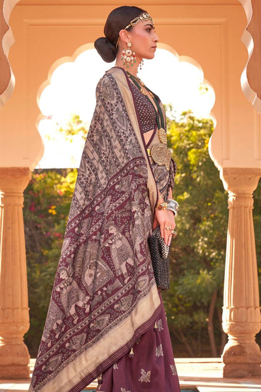 Printed Patola Silk Fabric Function Wear Wine Color Saree