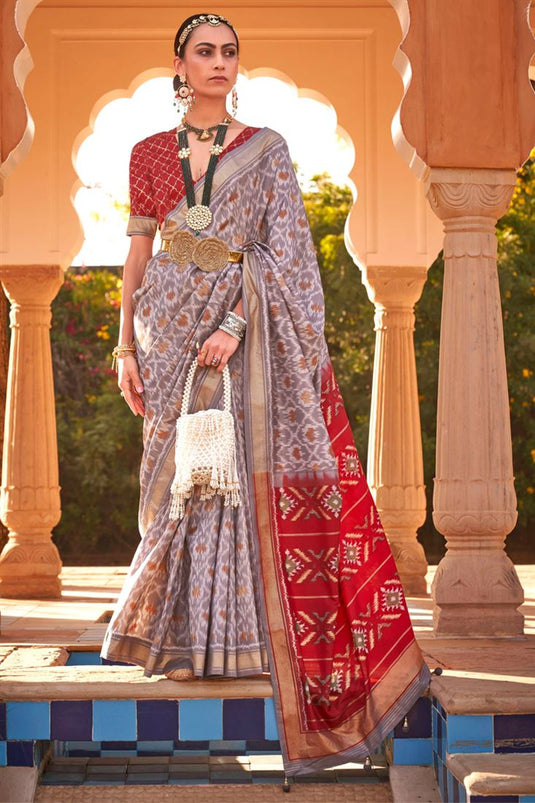 Festive Wear Grey Color Saree In Printed Patola Silk Fabric