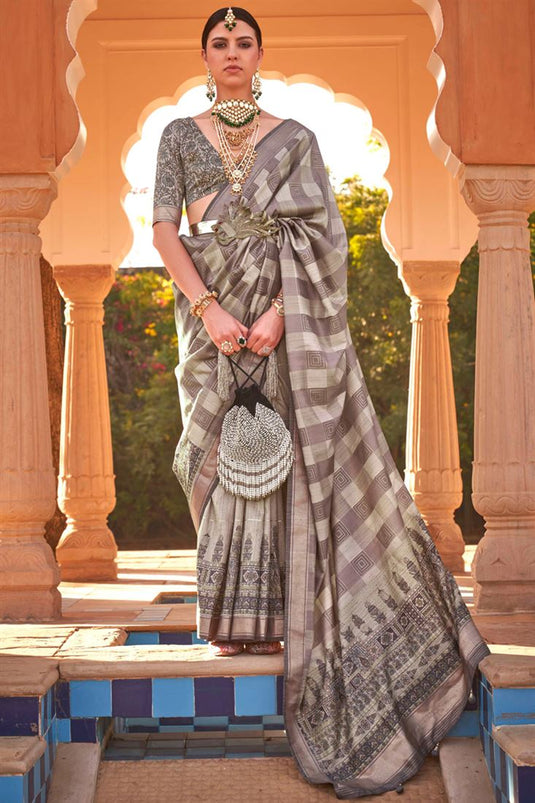 Printed Patola Silk Fabric Reception Wear Grey Color Saree