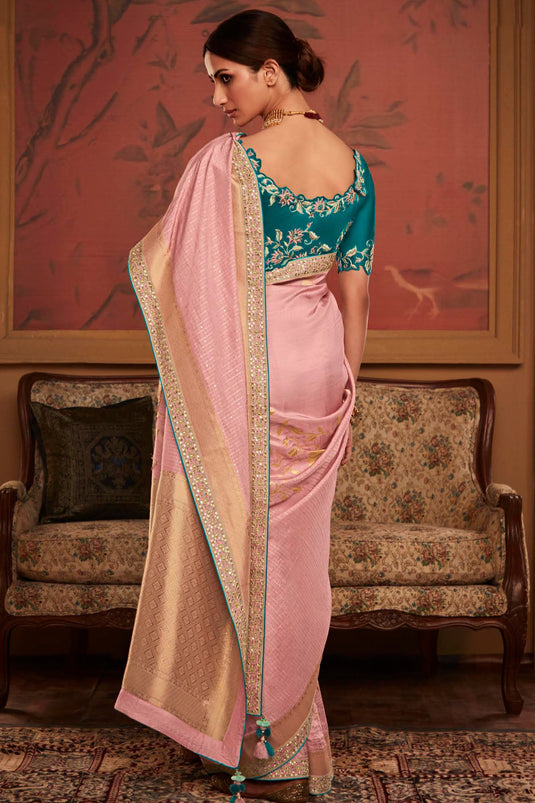 Dola Silk Fabric Wedding Wear Pink Color Fancy Weaving Work Saree