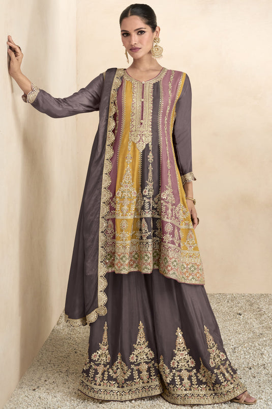 Embroidered Brown Color Readymade Designer Pakistani Style Palazzo Salwar Suit In Chinon Fabric