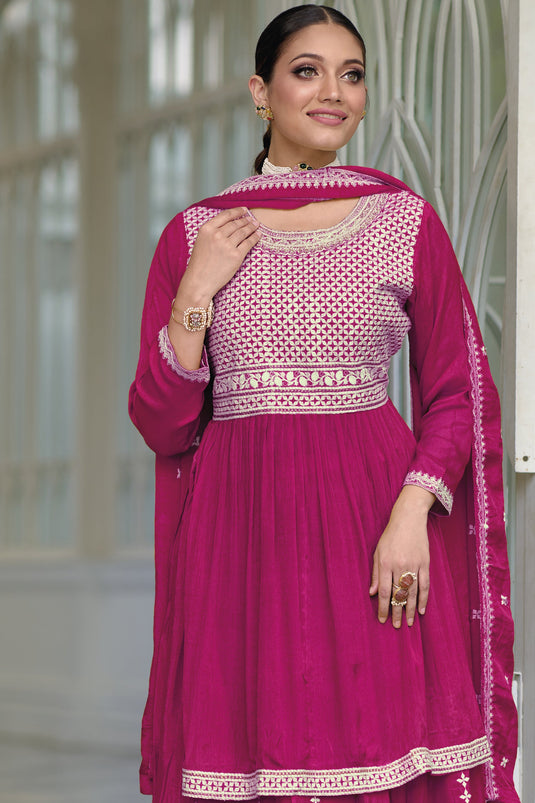 Magenta Color Silk Fabric Fancy Embroidered Function Wear Readymade Palazzo Salwar Suit