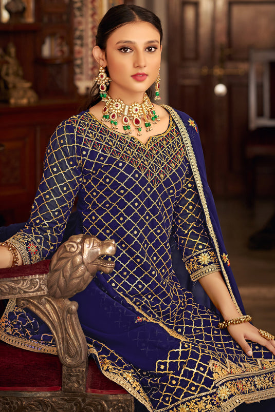 Chinon Fabric Embroidered Function Wear Palazzo Salwar Suit In Blue Color