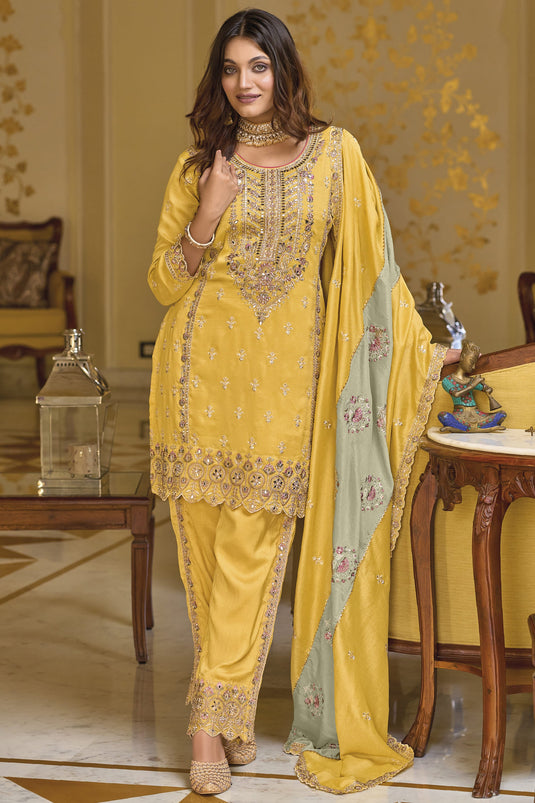 Karva Chauth Special Embroidered Yellow Color Readymade Designer Suit In Art Silk Fabric