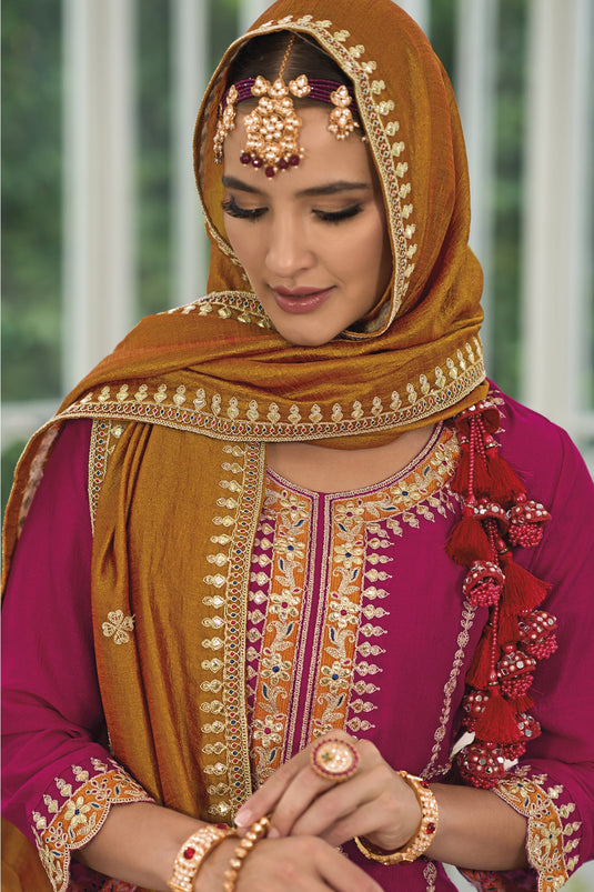 Karva Chauth Special Charming Rani Color Art Silk Fabric Embroidery Work Readymade Salwar Kameez
