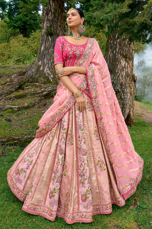 Embroidered Pink Color Bridal Lehenga In Silk Fabric With Designer Choli