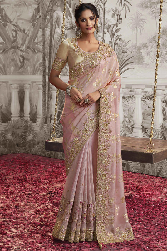 Heavy Embroidery Work Beguiling Pink Color Fancy Fabric Saree With Party Look Blouse