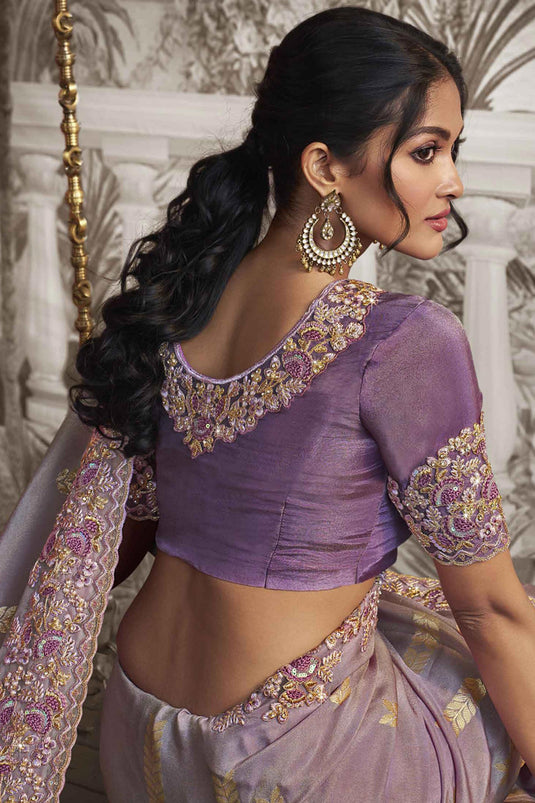 Tempting Fancy Fabric Lavender Color Heavy Embroidery Work Saree With Party Look Blouse