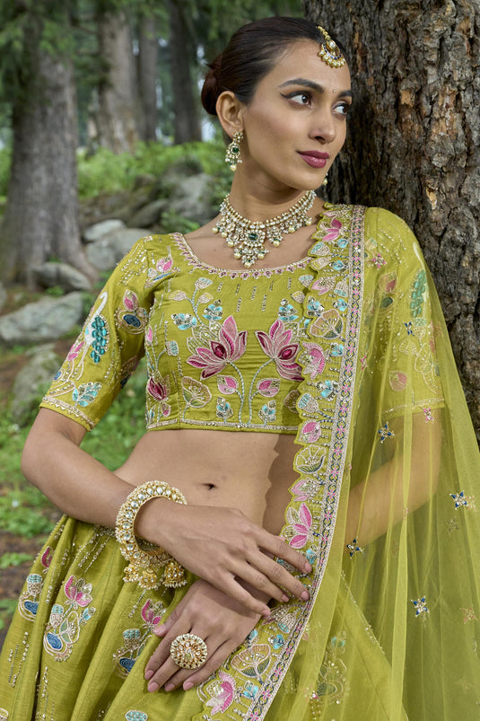 Embroidered Green Color Bridal Lehenga In Viscose Fabric With Designer Choli
