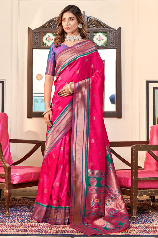 Glamorous Rani Color Weaving Designs Paithani Silk Saree