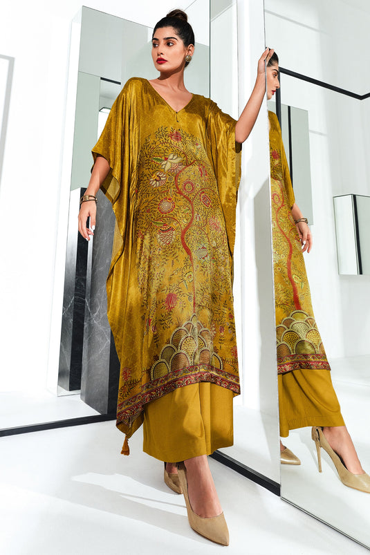 Mustard Color Printed Gajji Silk Readymade Kaftan With Bottom