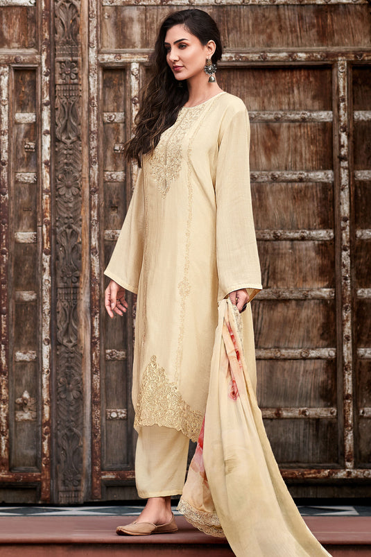 Embroidered Beige Color Salwar Kameez In Viscose Fabric