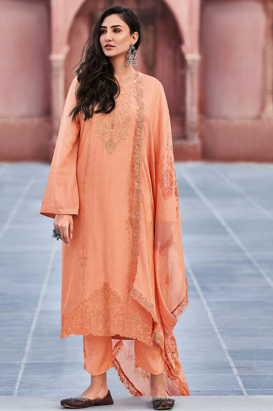 Viscose Fabric Orange Color Embroidered Salwar Suit