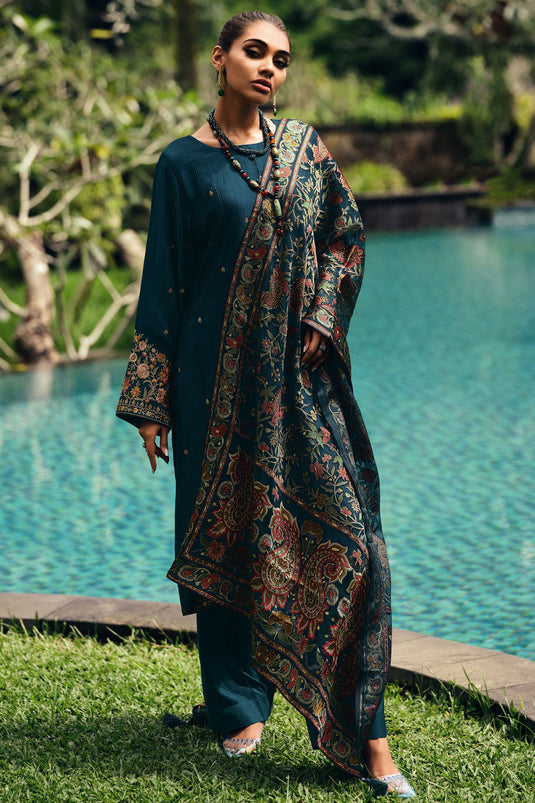 Ethnic Muslin Silk Teal Embroidered Pakistani Suit