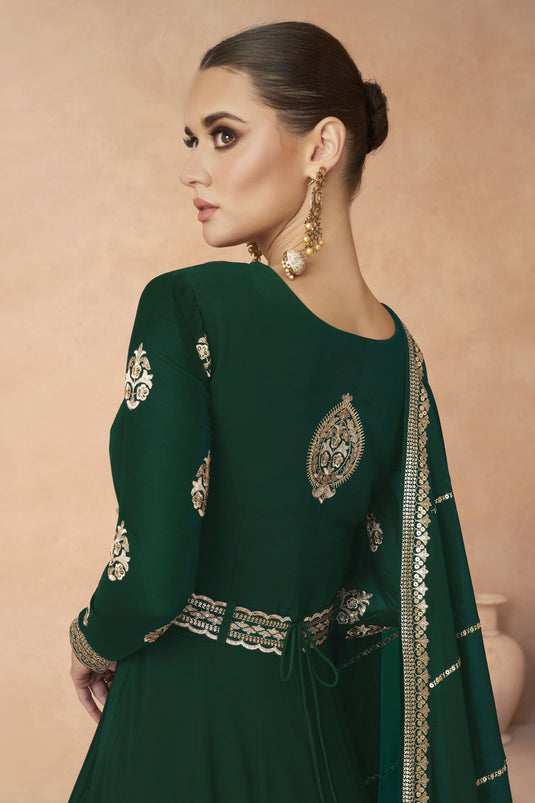 Georgette Fabric Soft Embroidered Dark Green Color Readymade Long Anarkali Style Gown With Dupatta