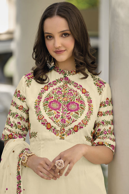 Embroidered Art Silk Readymade Designer Salwar Kameez In Off White Color