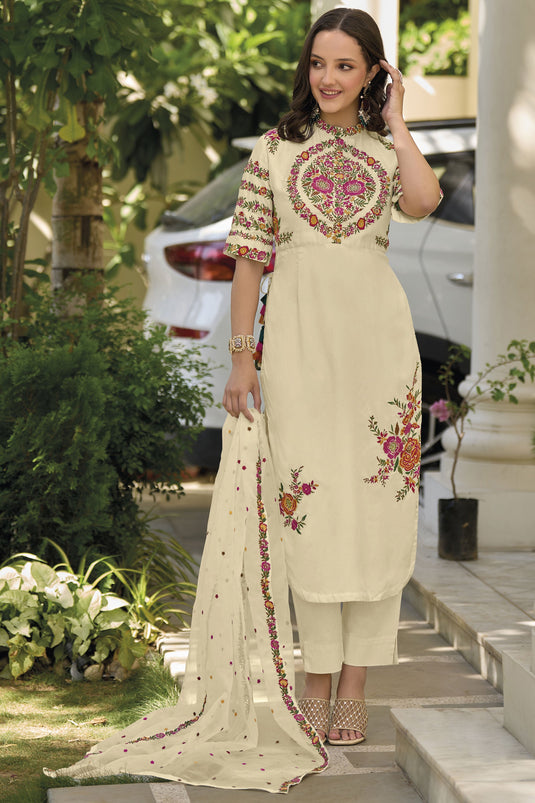 Embroidered Art Silk Readymade Designer Salwar Kameez In Off White Color