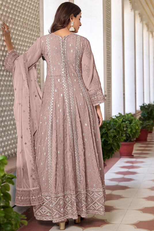 Peach Georgette Anarkali Salwar Suit In Embroidery Work