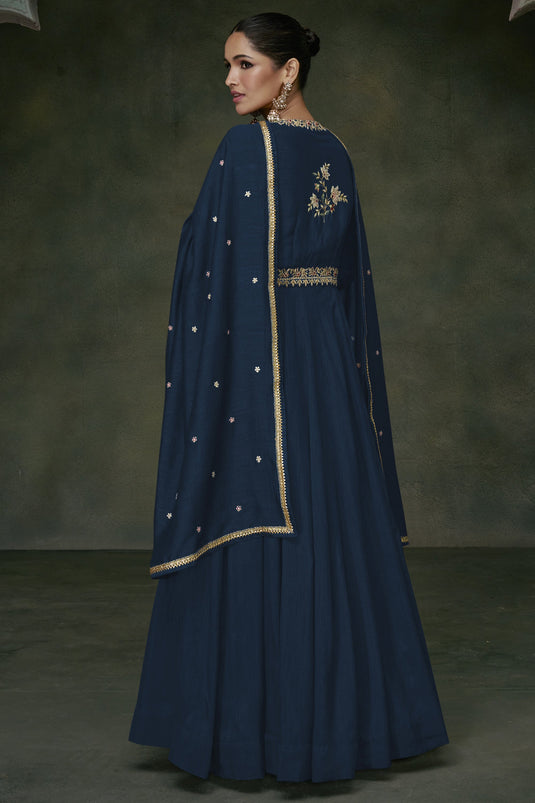 Navy Blue Art Silk Fancy Embroidered Readymade Long Anarkali Style Gown