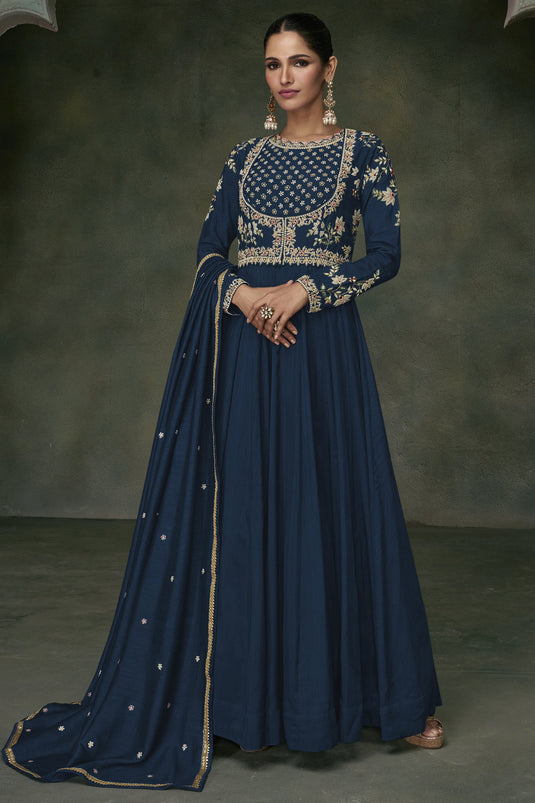 Navy Blue Art Silk Fancy Embroidered Readymade Long Anarkali Style Gown