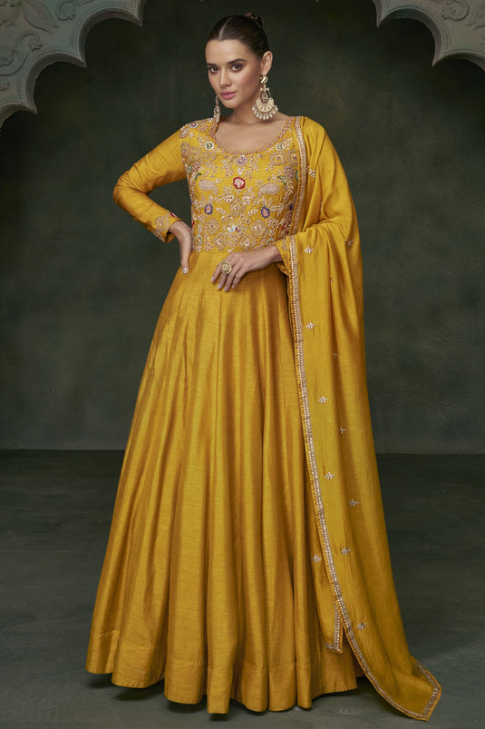 Art Silk Mustard Festive Wear Embroidered Readymade Long Anarkali Style Gown