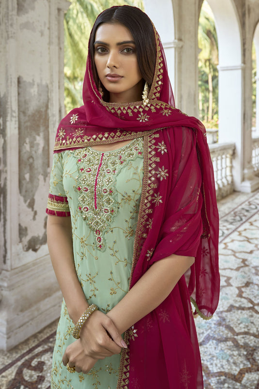 Sea Green Color Georgette Fabric Fancy Embroidered Function Wear Palazzo Salwar Suit