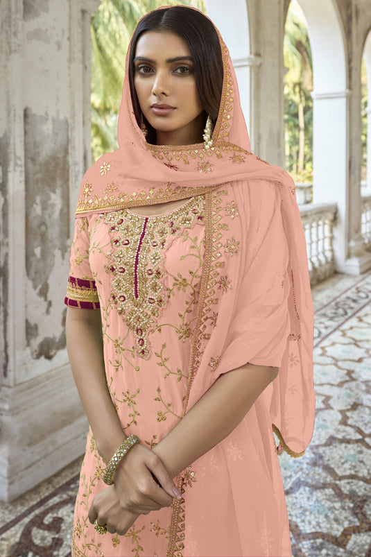 Peach Color Party Wear Embroidered Palazzo Salwar Suit In Georgette Fabric