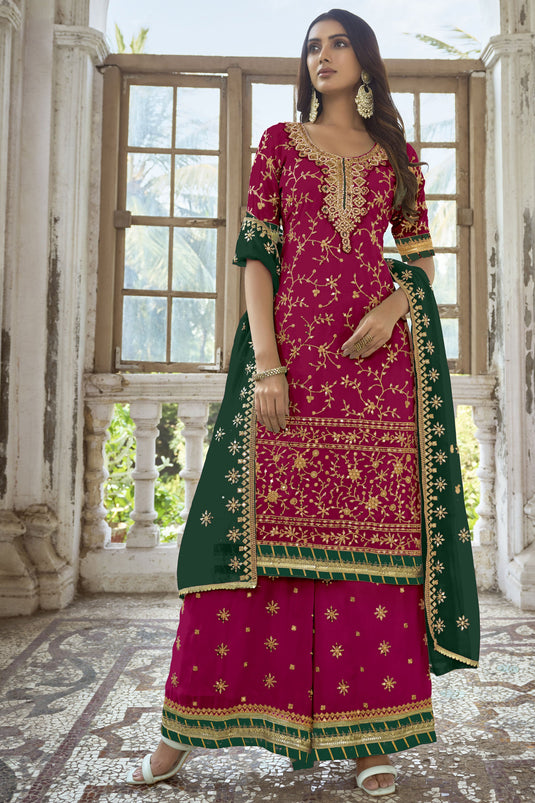 Rani Color Festive Wear Embroidered Palazzo Salwar Suit In Georgette Fabric