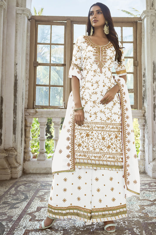 White Color Embroidered Palazzo Suit In Georgette Fabric