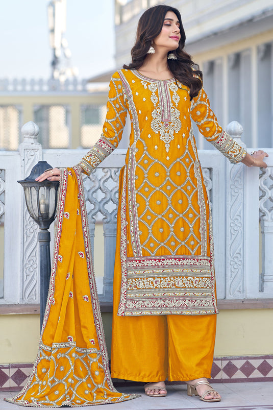 Yellow Color Embroidered Palazzo Suit In Chinon Silk Fabric