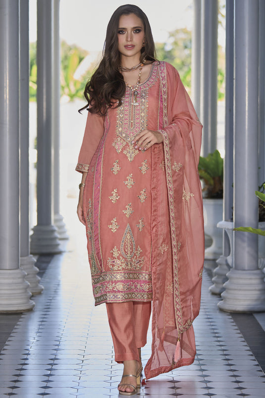 Peach Color Function Wear Embroidered Readymade Long Straight Cut Salwar Suit In Organza Fabric