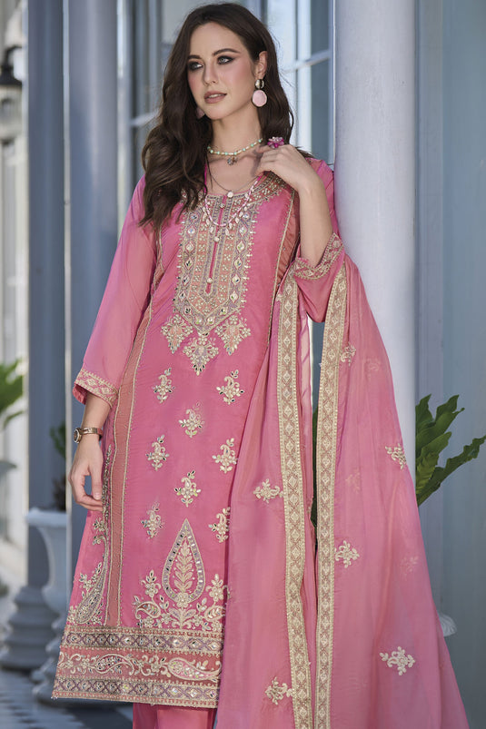 Pink Color Embroidered Organza Fabric Function Wear Readymade Long Straight Cut Suit