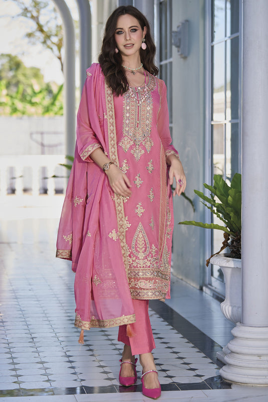 Pink Color Embroidered Organza Fabric Function Wear Readymade Long Straight Cut Suit