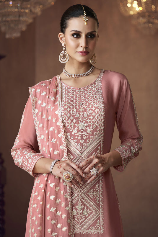 Chinon Fabric Pink Color Embroidered Function Wear Readymade Palazzo Salwar Kameez