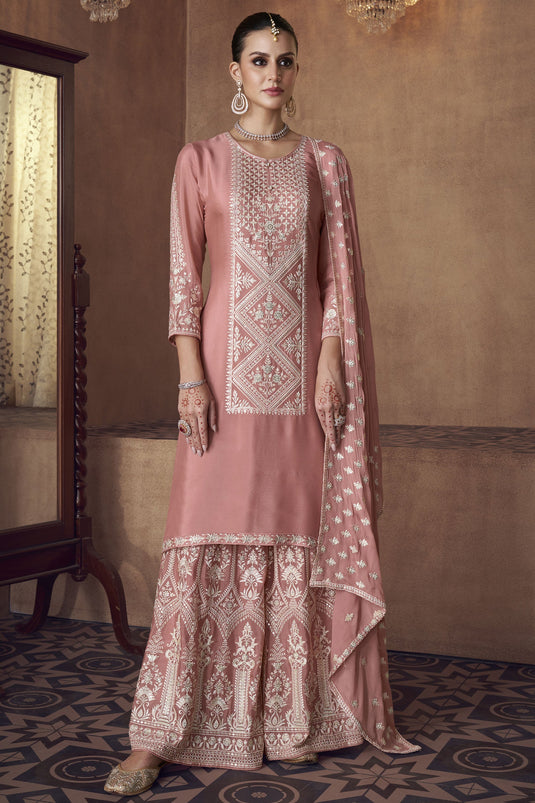 Chinon Fabric Pink Color Embroidered Function Wear Readymade Palazzo Salwar Kameez