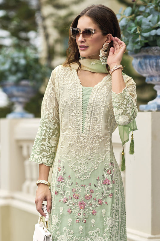 Sea Green Color Embroidered Readymade Designer Straight Cut Salwar Suit In Organza Fabric