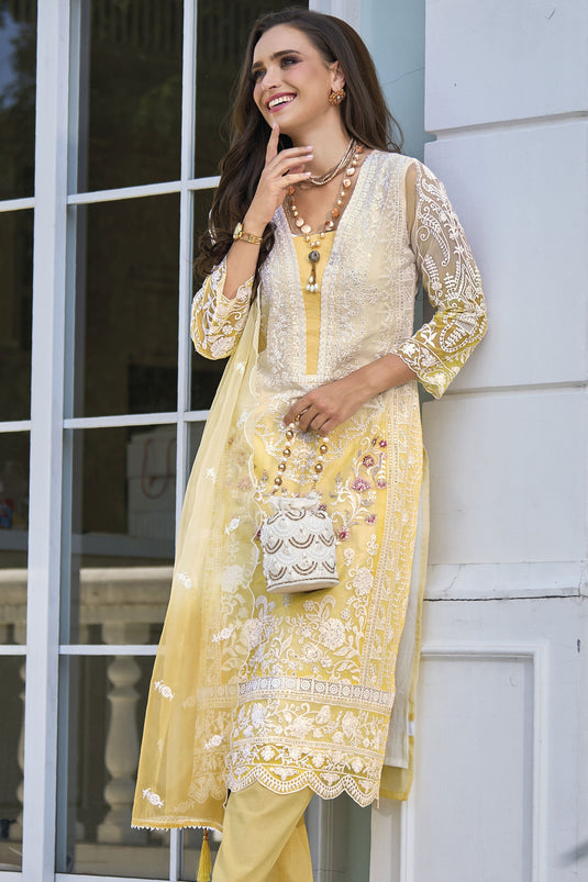 Embroidered Yellow Color Readymade Designer Straight Cut Salwar Suit In Organza Fabric