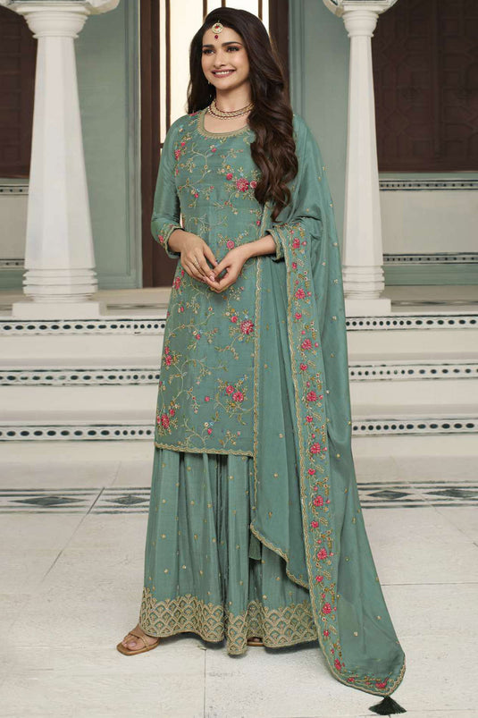 Prachi Desai Radiant Sea Green Color Viscose Fabric Palazzo Suit