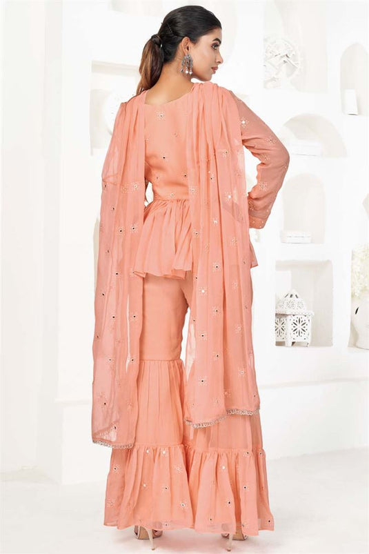 Georgette Fabric Peach Color Party Wear Bewitching Salwar Suit With Embroidered Work