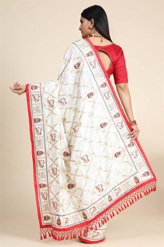 Art Silk Fabric White Color Puja Wear Saree With Remarkable Embroidered Work