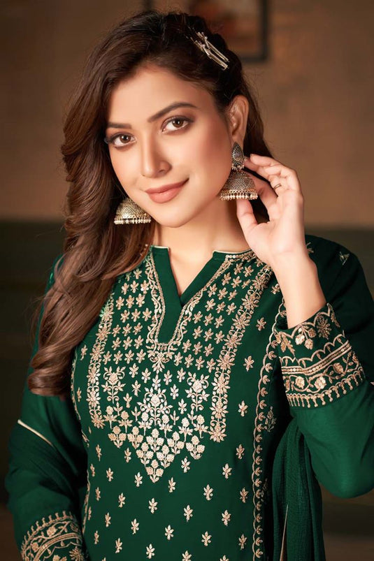 Embellished Embroidered Work On Green Color Function Wear Palazzo Suit In Georgette Fabric