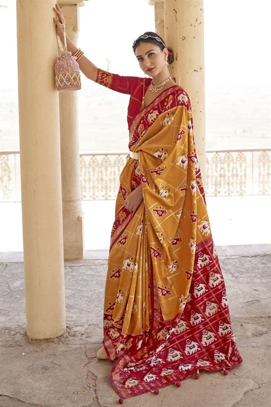 Art Silk Fabric Mustard Color Function Wear Pleasance Saree With Printed Work