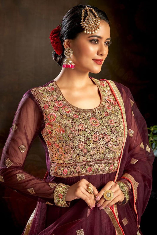 Maroon Color Georgette Fabric Function Wear Alluring Anarkali Suit