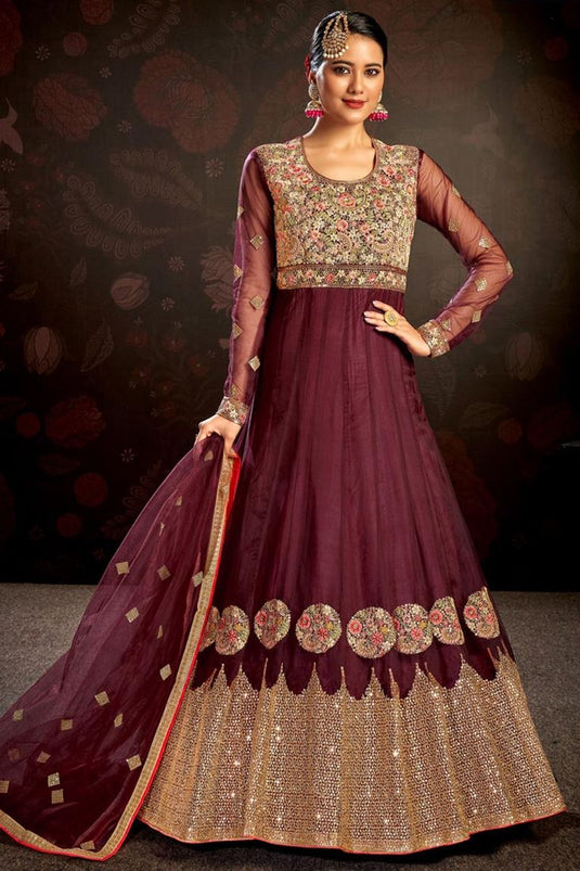 Maroon Color Georgette Fabric Function Wear Alluring Anarkali Suit