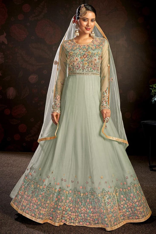 Georgette Fabric Light Cyan Color Function Wear Glorious Anarkali Suit