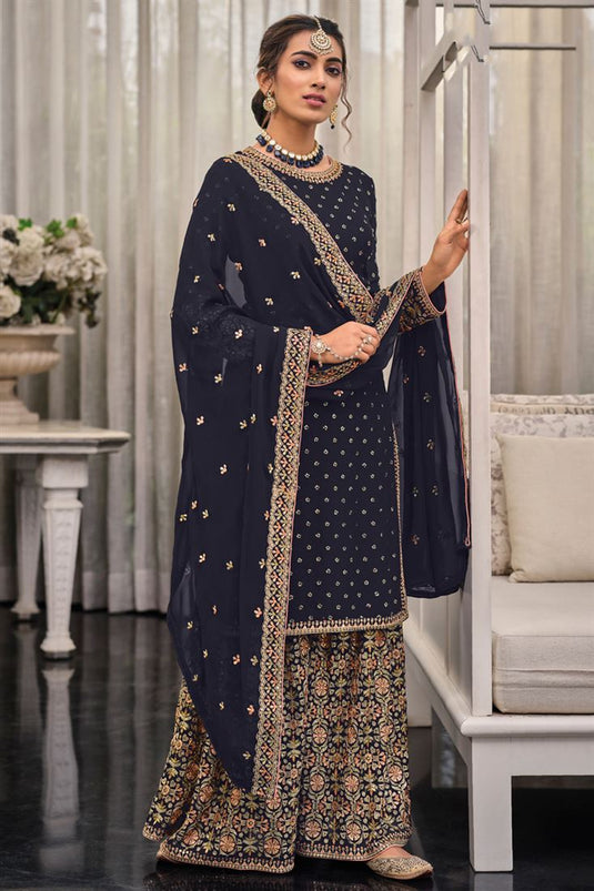 Chinon Fabric Navy Blue Color Embroidered Wondrous Palazzo Suit