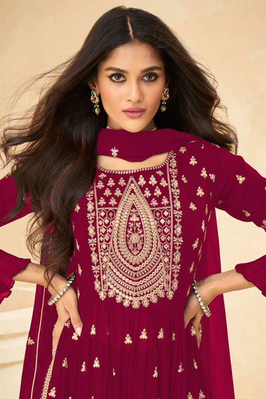 Georgette Fabric Rani Color Sensational Embroidered Palazzo Suit