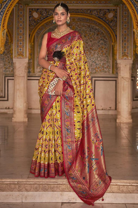 Yellow Color Admirable Patola Printed On Saree In Art Silk Fabric