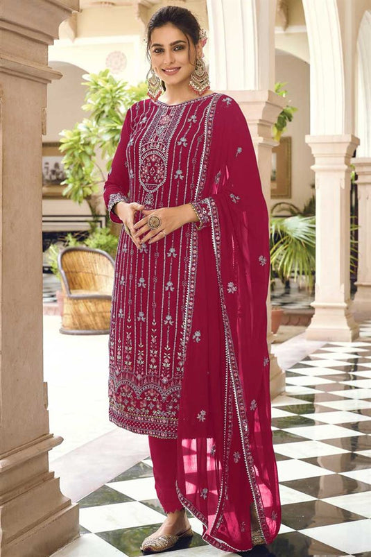 Rani Color Georgette Fabric Embellished Embroidered Salwar Suit